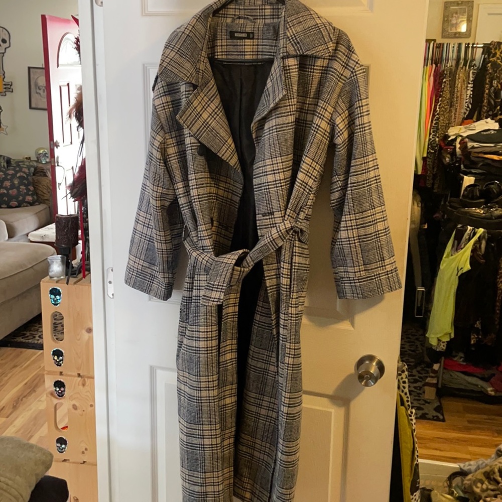 Misguided plaid coat large blue and tan
